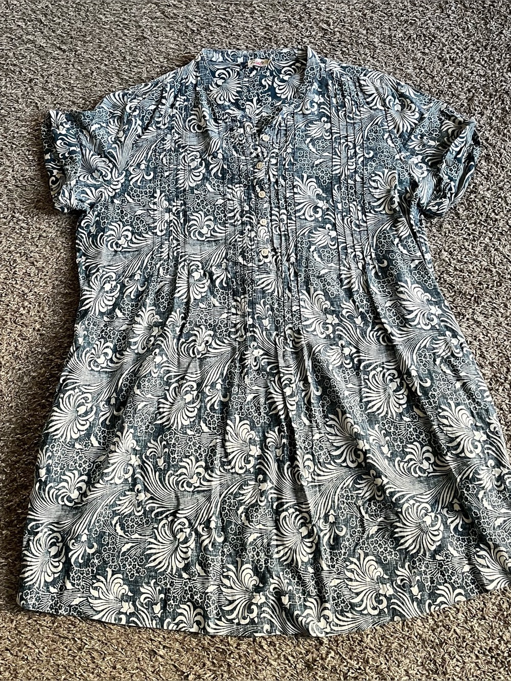 Faherty Gemina Linen Pleated Tunic Popover Mini Dress Blue Pockets Size Medium